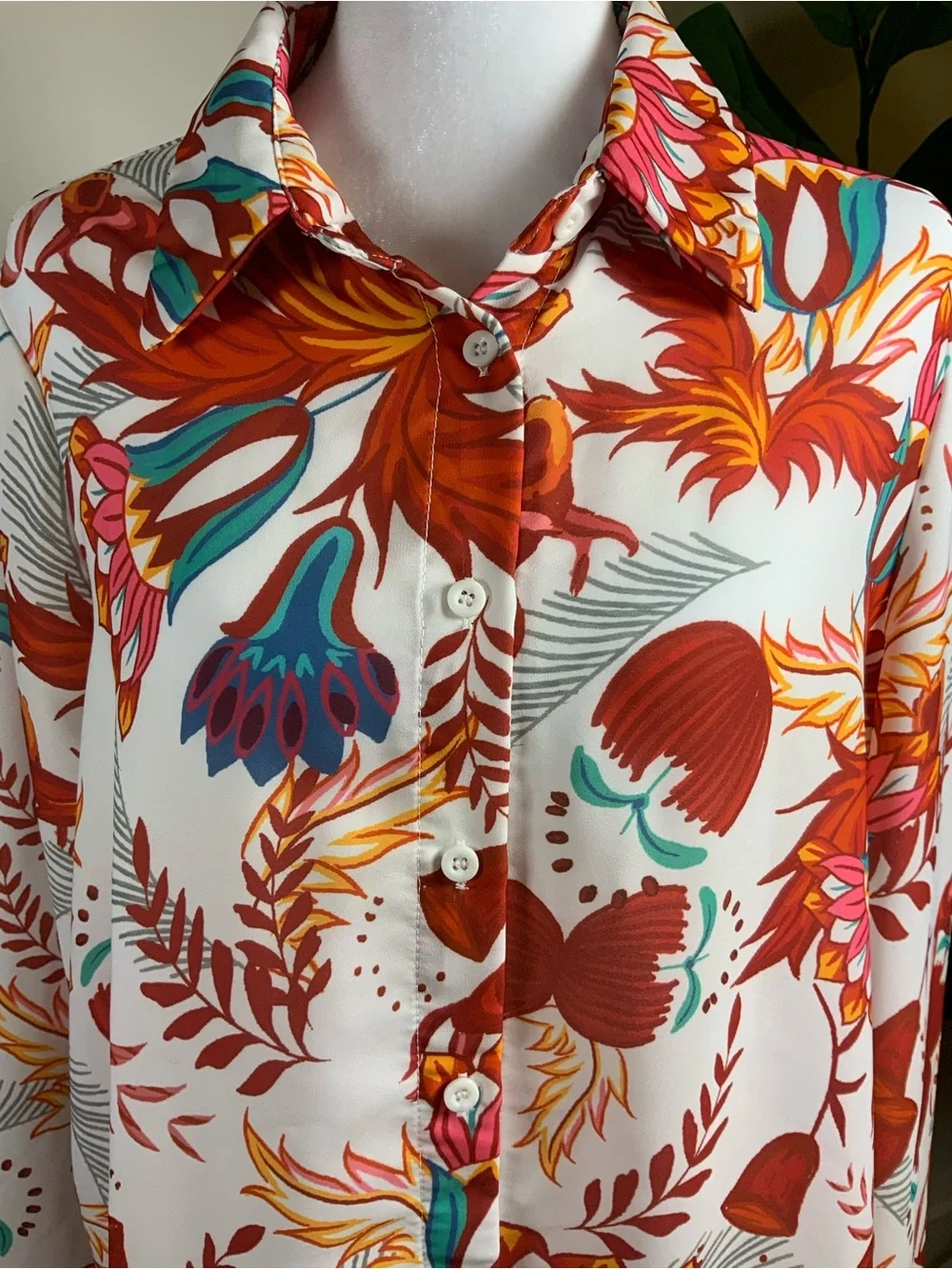 SHEIN Floral Print Button-Up Shirt and Skirt Set - Ivory, Rust, Teal, Pink
